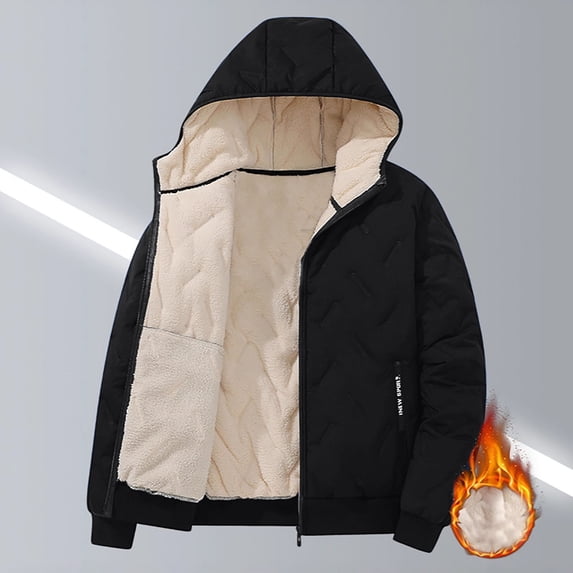 Men's Fleece Lined Quilted Jacket with Hood Full Zipper Padded Coat Winter Thicken Thermal Outwear Coat with Zip Pockets Black M