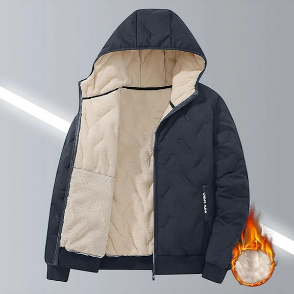 Men's Fleece Lined Quilted Jacket with Hood Full Zipper Padded Coat Winter Thicken Thermal Outwear Coat with Zip Pockets Gray 3XL