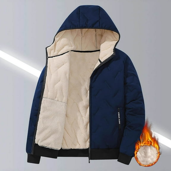 Men's Fleece Lined Quilted Jacket with Hood Full Zipper Padded Coat Winter Thicken Thermal Outwear Coat with Zip Pockets Navy 3XL