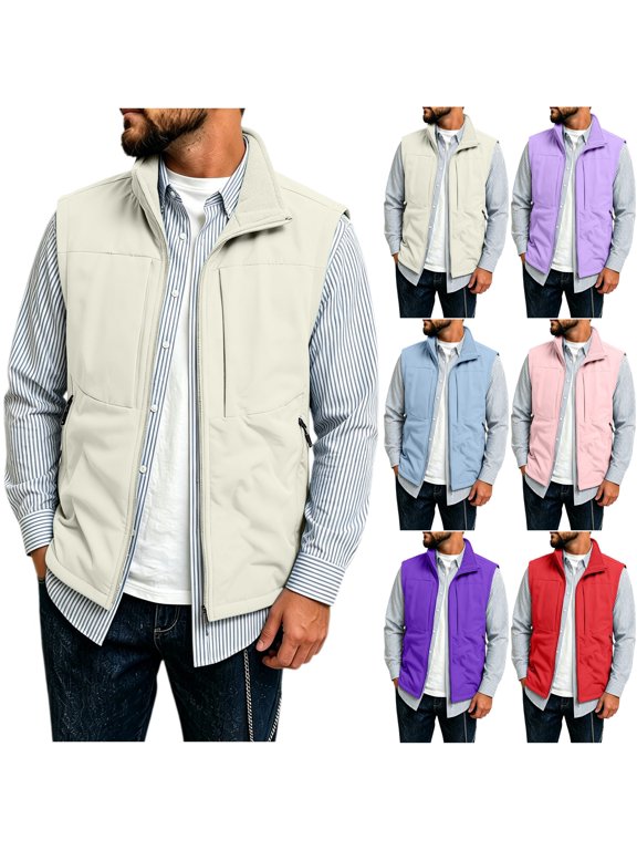 Men's Fleece Lined Softshell Jacket Vest Windproof Stand Collar Sleeveless Jackets Body Warmer with Zip Pockets for Hiking Outdoor Travel, Beige, XXXL