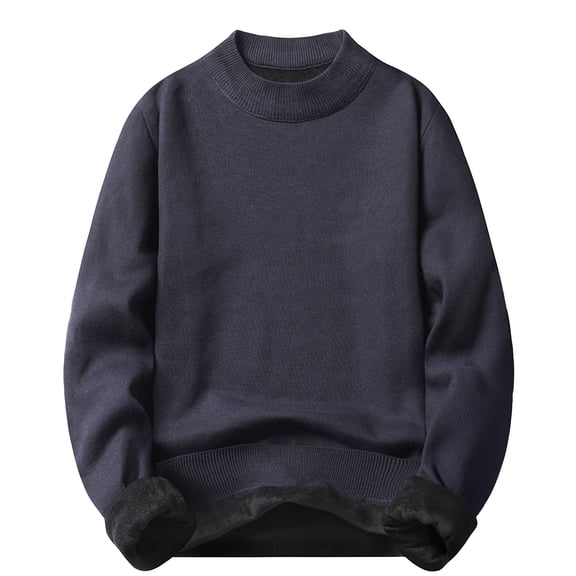 Men's Fleece-Lined Solid Color Knitted Sweater - Casual Warm Base Layer, Navy Blue XL