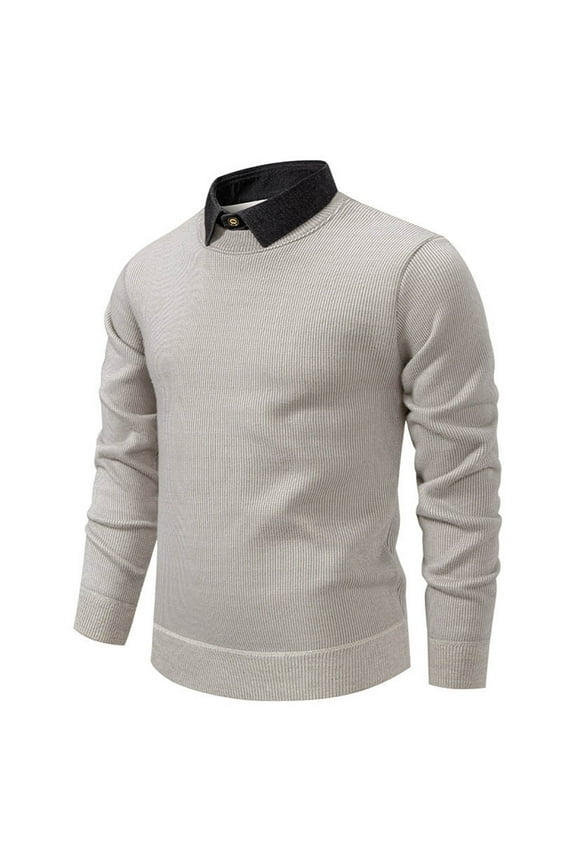 Men's Fleece Lined Sweater Fake Two Layer Collar Warm Base Shirt Long Sleeve