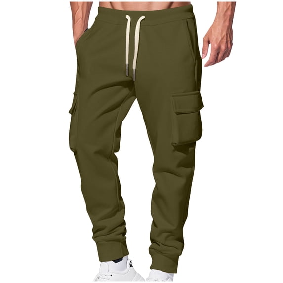 Men's Fleece Lined Sweatpants Drawstring Elastic Waist Cargo Cuffed Joggers with Pockets Olive Green S