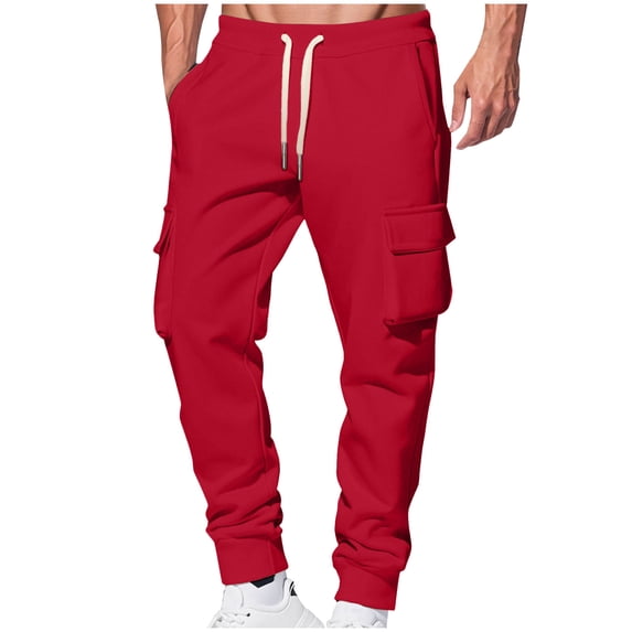Men's Fleece Lined Sweatpants Drawstring Elastic Waist Cargo Cuffed Joggers with Pockets Red 2XL