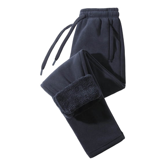 Men's Fleece Lined Sweatpants Long Casaul Solid-Color Trouser Thickened Thermal Winter Pants Dark Blue L