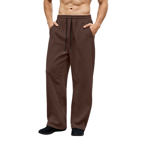 Men's Fleece Lined Sweatpants Open Bottom Drawstring Elastic Waist Straight Wide Leg Loose Fit Lounge Pants with Pockets for Fall Winter Gym Workout