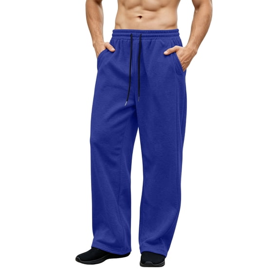 Men's Fleece Lined Sweatpants Open Bottom Drawstring Elastic Waist Straight Wide Leg Loose Fit Lounge Pants with Pockets for Fall Winter Gym Workout
