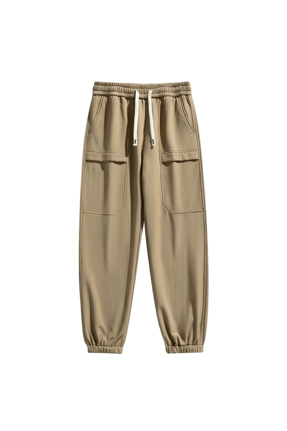 Men's Fleece Lined Sweatpants Outdoors Winter Sports Hiking Joggers Windproof Waterproof Drawstring Trouser Pants (M, Khaki)