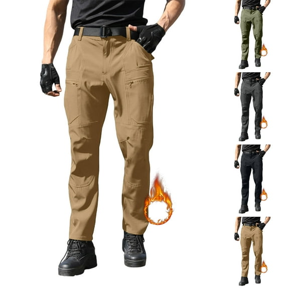 Men's Fleece Lined Tactical Cargo Pants - Insulated Waterproof, Winter Snow Ski Hiking Work Pants with Zipper Pockets Black M