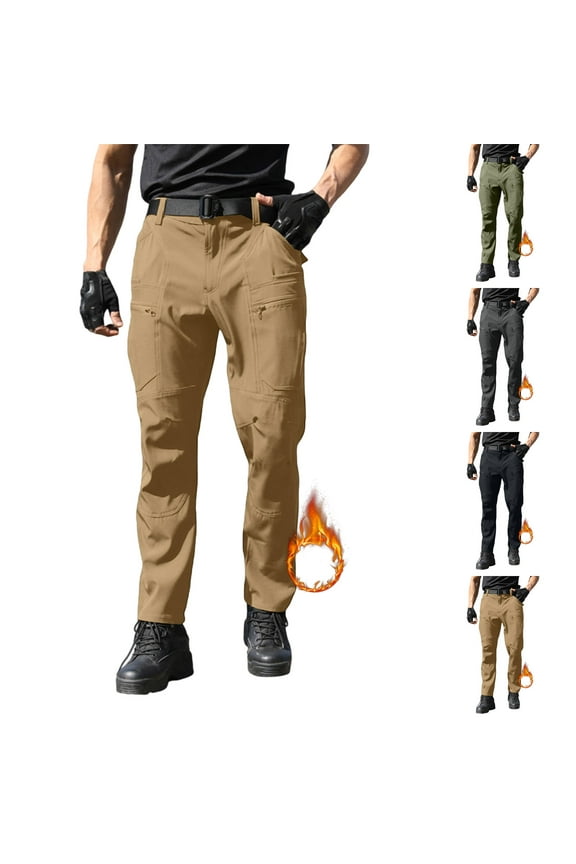 Men's Fleece Lined Tactical Cargo Pants - Insulated Waterproof, Winter Snow Ski Hiking Work Pants with Zipper Pockets Black M