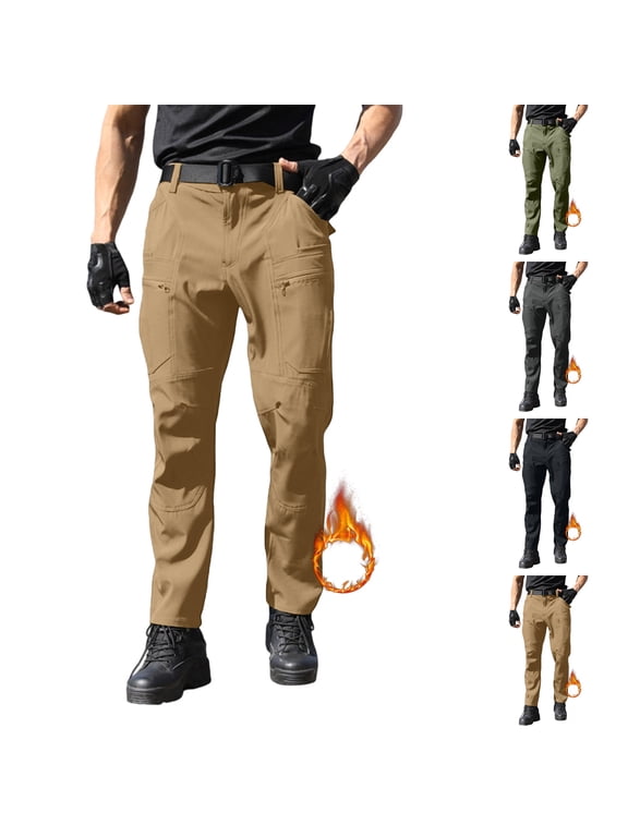Men's Fleece Lined Tactical Cargo Pants - Insulated Waterproof, Winter Snow Ski Hiking Work Pants with Zipper Pockets Black S