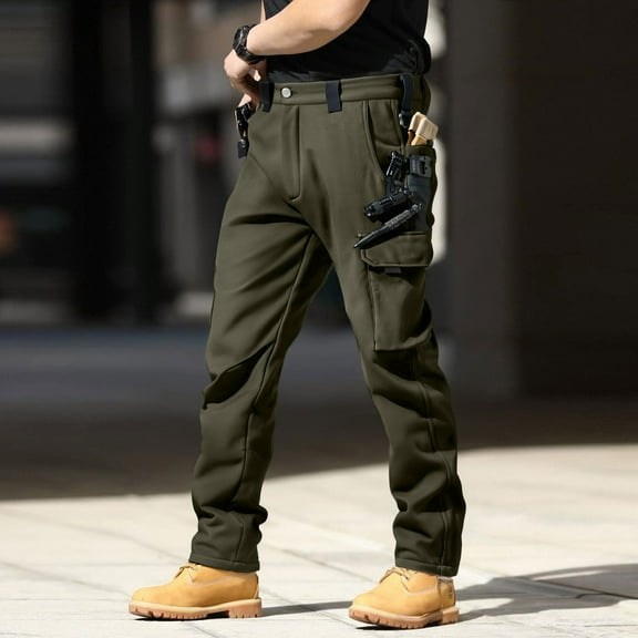 Men's Fleece Lined Tactical Pants Insulated Winter Cargo Thermal Work Pants Mens Snow Hiking Pants for Cold Weather Green M