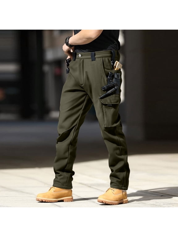 Men's Fleece Lined Tactical Pants Insulated Winter Cargo Thermal Work Pants Mens Snow Hiking Pants for Cold Weather Green M