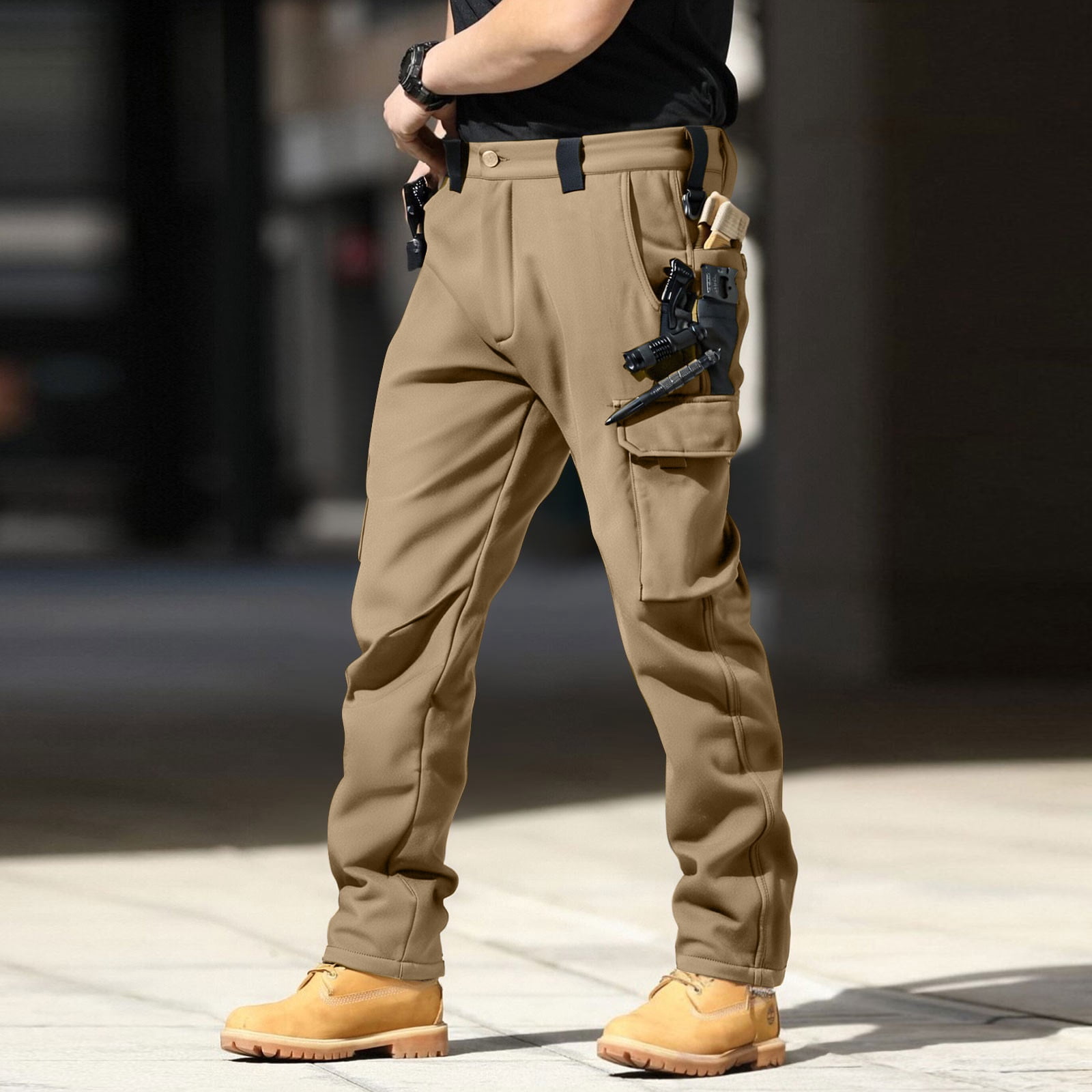 Men's Fleece Lined Tactical Pants Insulated Winter Cargo Thermal Work ...