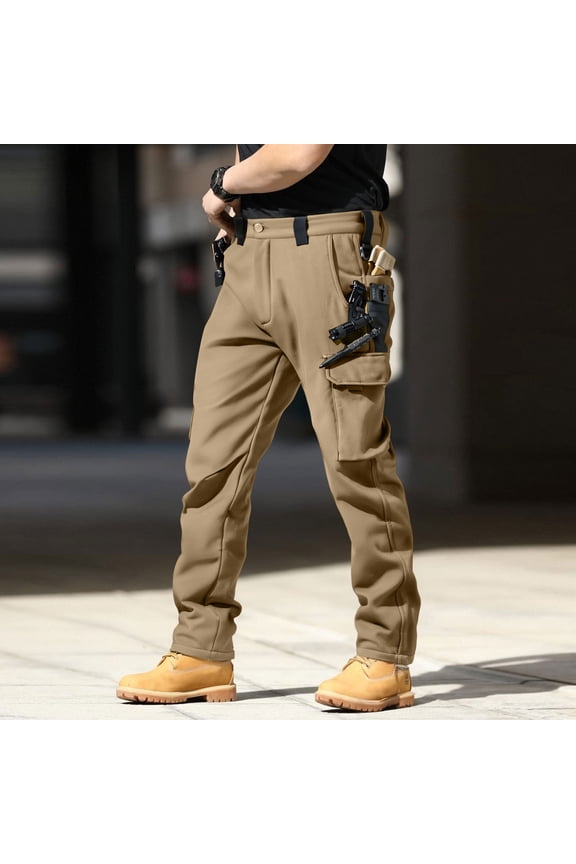 Men's Fleece Lined Tactical Pants Insulated Winter Cargo Thermal Work Pants Mens Snow Hiking Pants for Cold Weather Khaki S