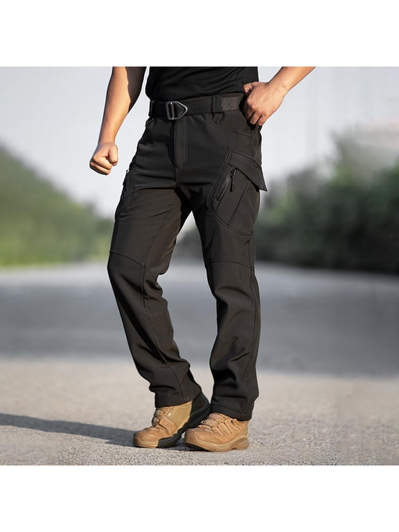 Men's Fleece Lined Tactical Pants Waterproof Hiking Pants Casual Thermal Cargo Pants Winter Insulated Work Pants Black M