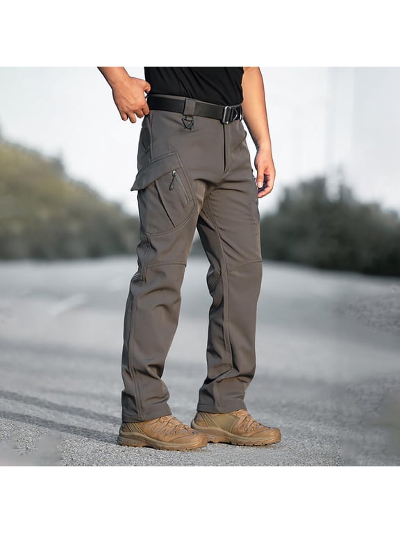Men's Winter Tactical Cargo Pants - Thermal Fleece Lined Softshell, Windproof Outdoor Snow Ski Hiking Work Pants for Extreme Cold Weather Gray L