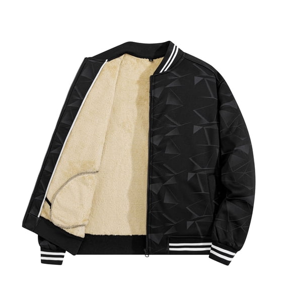 Men's Fleece-Lined Thick Baseball Jacket, Fashion Casual Printed Long-Sleeve Outerwear, Black, XXL
