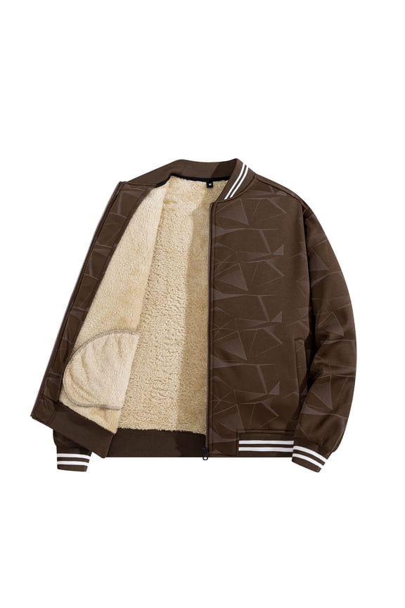 Men's Fleece-Lined Thick Baseball Jacket, Fashion Casual Printed Long-Sleeve Outerwear, Brown, XXXL