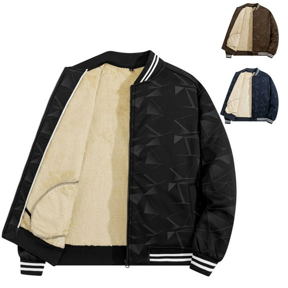 Men's Fleece Lined Thick Baseball Jacket Fashionable Casual Printed Long Sleeve for Sports Wear, Winter Games, and Christmas Festivities,Black,L