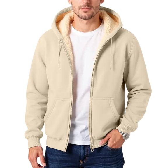 Men's Fleece-Lined Thick Hoodie Jacket, Warm Versatile Casual Outerwear, Khaki, XL
