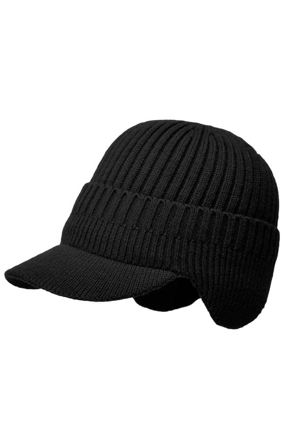 Men's Fleece Lined Thick Warm Winter Wool Beanie Skull Cap Cold Weather Hat with Brim, Black, One Size
