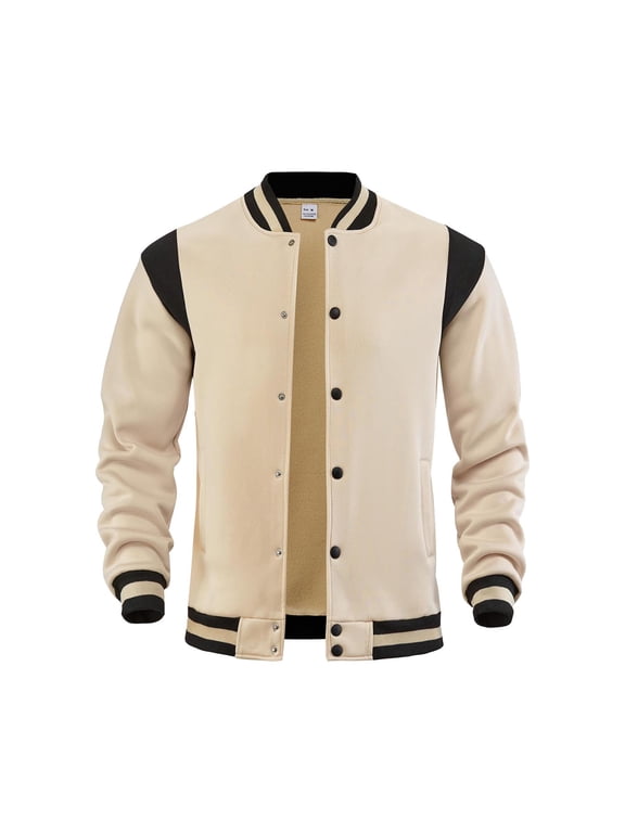 Men's Fleece-Lined Varsity Jacket Causal Slim Fit Cotton Letterman Baseball Bomber Jackets Coat