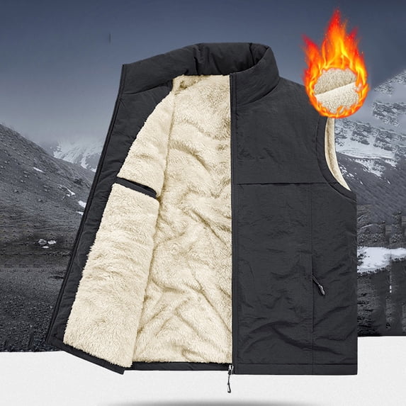 Men's Fleece Lined Warm Vest Outdoor Sleeveless Stand Collar Jacket Zipper Pocket for Travel Hiking Golf (M, Black)