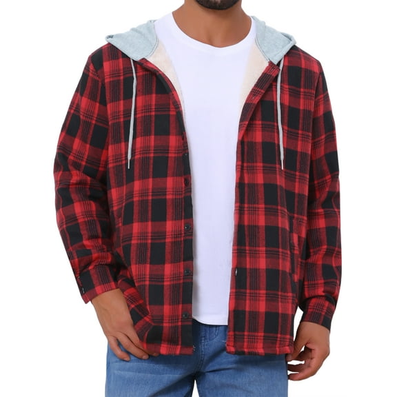 Men's Fleece Lining Drawstring Hooded Plaid Shirt Jacket L Black Red