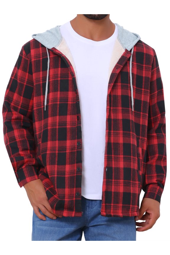 Men's Fleece Lining Drawstring Hooded Plaid Shirt Jacket S Black Red