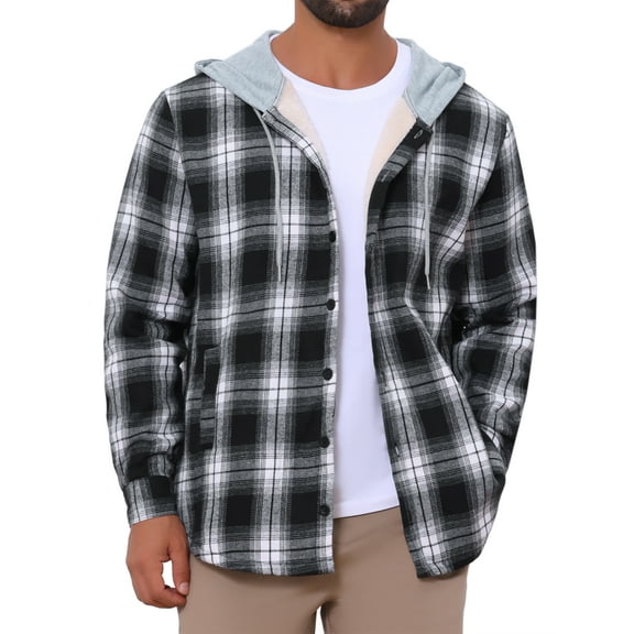 Men's Fleece Lining Drawstring Hooded Plaid Shirt Jacket S Black White