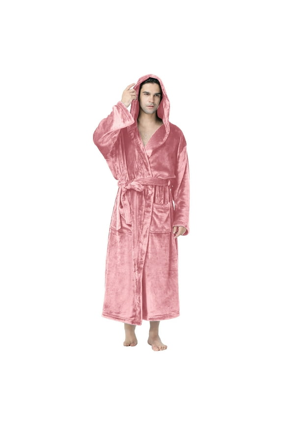 Men's Fleece Maxi Bathrobe Long Sleeve Solid Belt Cardigan Robe with Pockets Pink M
