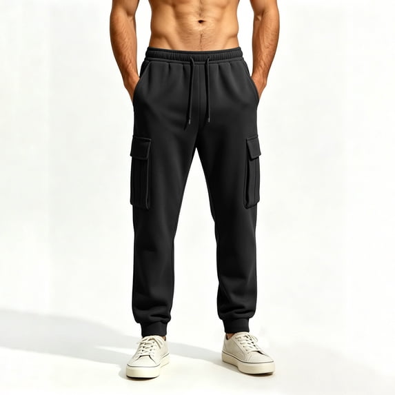 Men's Fleece Multi Pocket Sweatpants Loose Fit Cuffed Ankle Casual Joggers with Drawstring Elastic Waist Solid Color Lounge Trousers for Winter