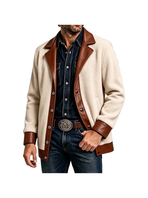 Men's Fleece Patchwork Leather Western Blazer Notched Lapel Snap Button Single Breasted Sport Coat Dress Jacket for Weddings, Proms, Party and Events