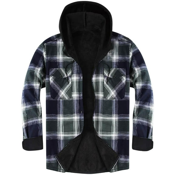 Men's Fleece Plaid Shirt Jacket Hooded Button Down Shaket with Pockets Warm Plush Coats Casual Vintage Outerwear Business Athletic Tops Fleece Lining Shirts Fall Winter Outfits