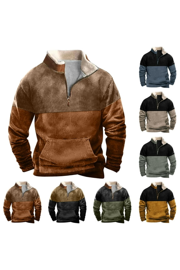Men's Fleece Pullover 1/4 Zip Colorblock Sweatshirt Long Sleeve Sweater Sherpa Lined Pullover Thermal Top Workwear Classic Warm Jacket with Pocket Casual Leisure Sweatshirts