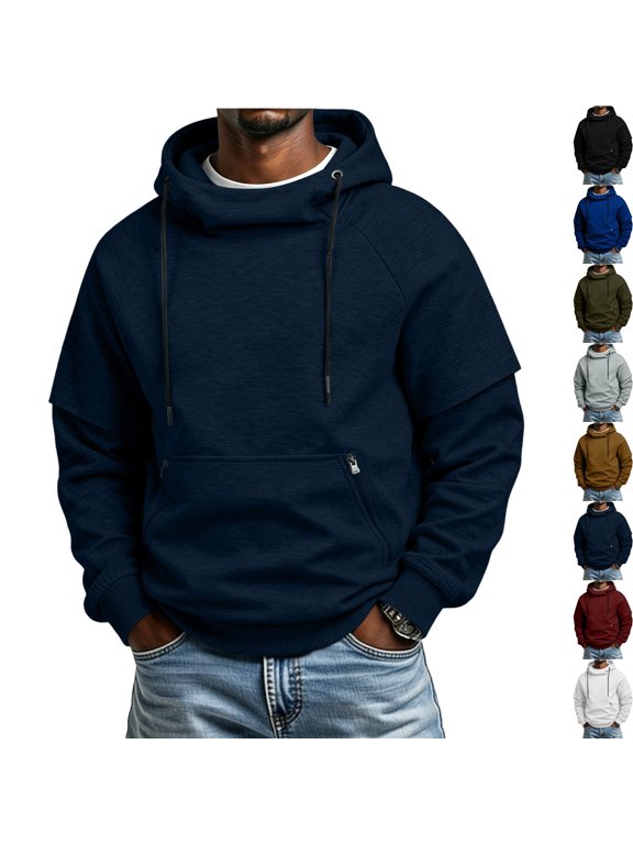 Men's Fleece Pullover Hoodie Layered Double Sleeve Funnel Neck Sweatshirt Drawstring Zip Pockets for Casual Streetwear Fall Winter Travel, Navy, XXL