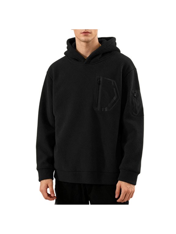 Men's Fleece Pullover Hoodies Casual Midlayer Block Hooded Sweatshirt with Hidden Pockets Black XS