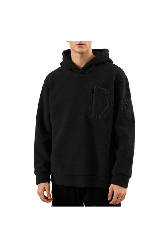 Men's Fleece Pullover Hoodies Casual Midlayer Block Hooded Sweatshirt with Hidden Pockets Black XS