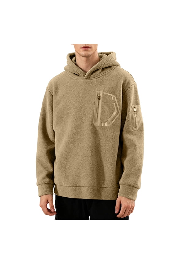 Men's Fleece Pullover Hoodies Casual Midlayer Block Hooded Sweatshirt with Hidden Pockets Khaki S