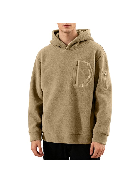 Men's Fleece Pullover Hoodies Casual Midlayer Block Hooded Sweatshirt with Hidden Pockets Khaki S