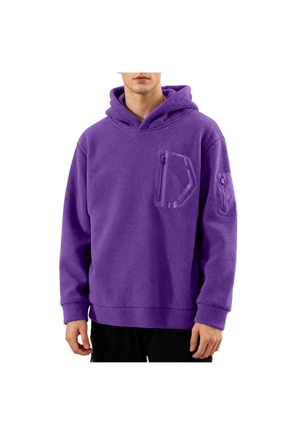 Men's Fleece Pullover Hoodies Casual Midlayer Block Hooded Sweatshirt with Hidden Pockets Purple M