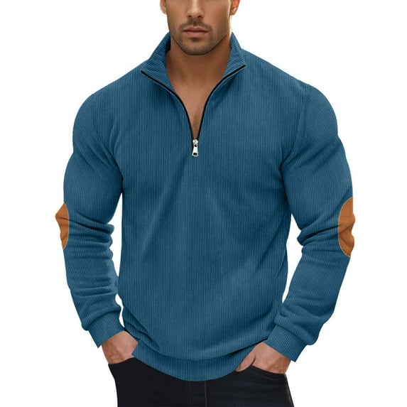 Men's Fleece Pullover Warm Half Zip Sweatshirt Corduroy Long Sleeve Fleece Color Block Pullover Tops with Pocket Sky Blue XL