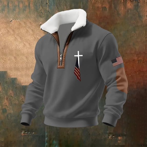 Men's Fleece Quarter Zip Sweatshirt, Cadet Collar Pullover with American Flag Print, Cozy No Hood Patriotic Sweater for Casual Wear, Daily Outfits Grey XL