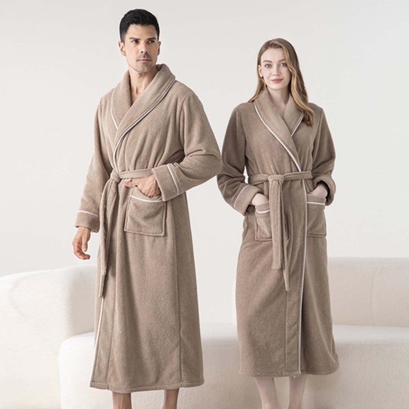 Men's Fleece Robes Unisex Shawl Collar Spa Bathrobes with Pockets Winter Cozy Warm Loungewear Soft House Coat Khaki M