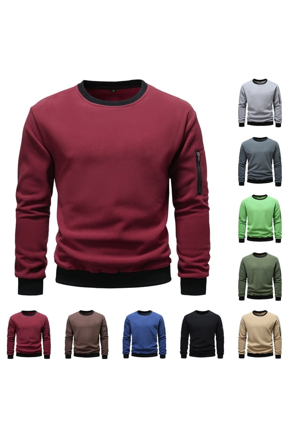 Men's Fleece Round Neck Pullover, Solid Color Hoodie Fleece Jacket for Winter, Cold Weather Protection, Outdoor Leisure and Casual Layering,Black,L