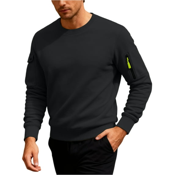 Men's Fleece Round Neck Pullover with Solid Color Hoodie, Casual Loose Fit for Everyday Wear, Sports, and Leisure Activities,Black,L