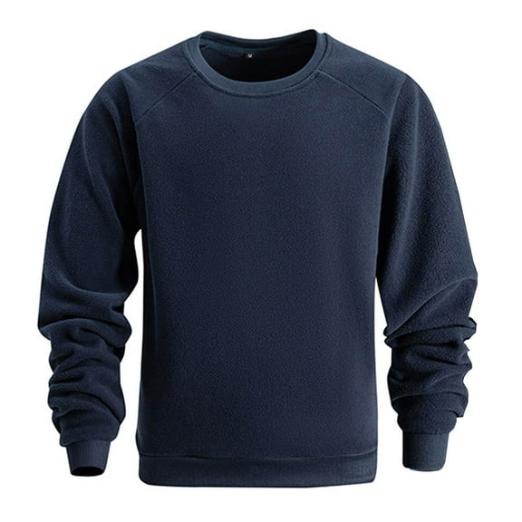 Men's Fleece Sweatshirt without Hood Warm Lightweight Solid Color Crewneck Pullover Casual Winter Tops (L, Dark Blue)
