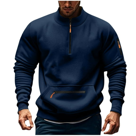 Men's Fleece Sweatshirts Quarter-Zip Cargo Long Sleeve Stand Collar Sports Pullover Tops Workouts Hiking Sweatshirt with Pocket
