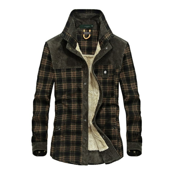 Men's Fleece Thick Jacket Autumn and Winter Warm Casual Plaid Print Lapel Button Down with Pocket Patchwork Jacket Thickened ​Coat A-Army Green XXXL